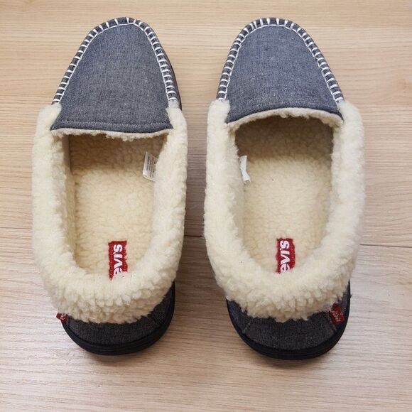 LEVI\'S Slippers Mens Size 9.5 10.5 Grey Slip On Sherpa Plush Lined Memory Foam
